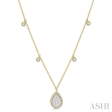 3/4 Ctw Pear Shape Lovebright Round Cut Diamond Necklace in 14K Yellow and White Gold